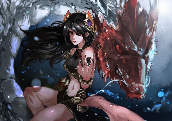 Anime picture 1440x1018 with seven knights rin (seven knights) vardan long hair looking at viewer fringe light erotic black hair smile red eyes sitting bare shoulders bent knee (knees) arm up wind hair over one eye bare belly lipstick red lipstick fantasy