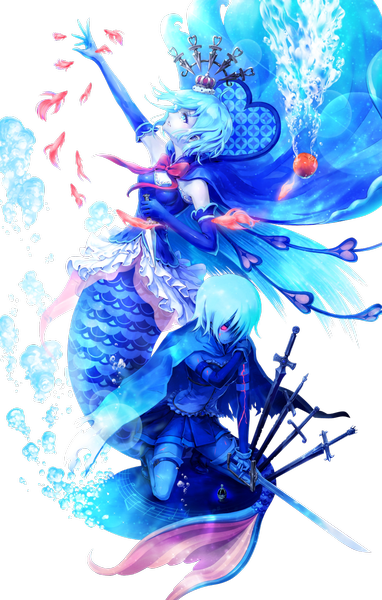 Anime picture 1024x1608 with mahou shoujo madoka magica shaft (studio) miki sayaka tall image short hair blue eyes multiple girls blue hair pleated skirt pink eyes aqua eyes aqua hair tears kneeling outstretched arm transparent background girl thighhighs skirt gloves