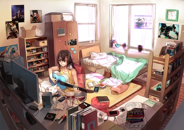 Anime picture 1414x1000 with original rff (3 percent) single smile brown hair sitting holding headphones around neck playing instrument girl plant (plants) animal food window headphones pillow book (books) bed curtains cat