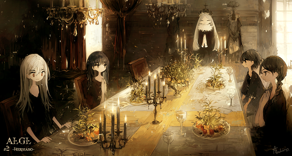 Anime picture 1200x643 with original algl asahiro long hair fringe short hair open mouth black hair hair between eyes brown hair wide image standing sitting multiple girls signed looking away white hair indoors braid (braids) eyes closed