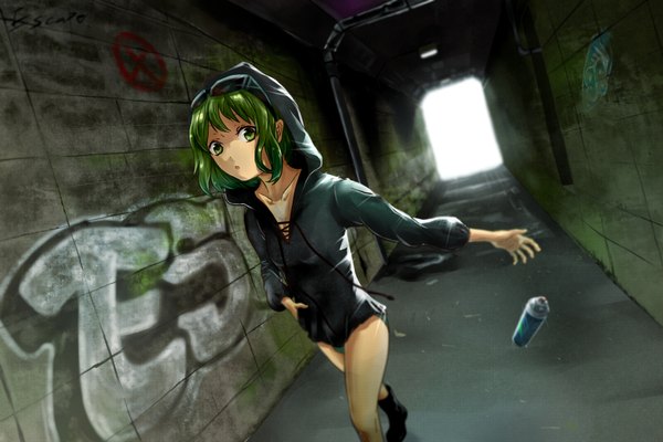 Anime picture 1832x1224 with vocaloid gumi single fringe highres short hair breasts green eyes green hair walking graffiti girl glasses boots hood paint