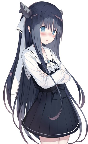 Anime picture 1000x1636 with original shikuro (iorimiyakiyo) single long hair tall image looking at viewer blush fringe open mouth blue eyes black hair simple background hair between eyes white background pleated skirt horn (horns) pointy ears crossed arms sailor collar girl