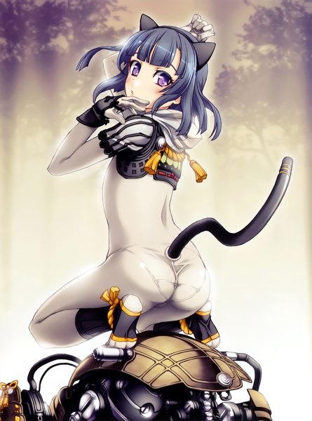 Anime picture 4613x6216 with hyakka ryouran samurai girls arms corporation nishii (nitroplus) single tall image blush highres short hair light erotic purple eyes animal ears blue hair absurdres tail animal tail cat ears scan official art cat tail girl