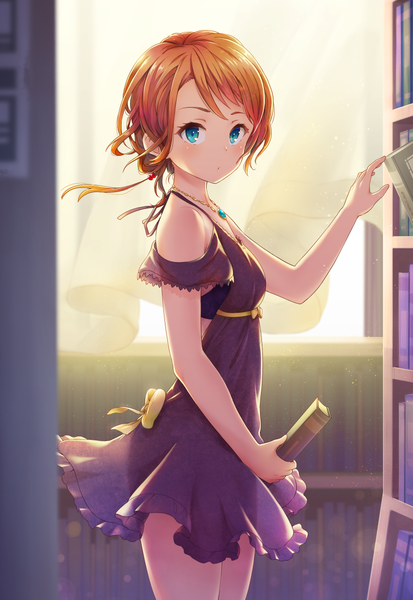 Anime picture 839x1218 with original tomamatto single tall image looking at viewer fringe short hair blue eyes light erotic standing wind sunlight :o depth of field see-through silhouette girl dress bow lingerie bra