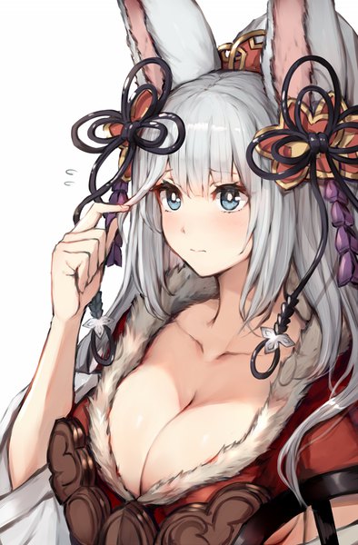 Anime picture 1150x1750 with granblue fantasy socie (granblue fantasy) watao single long hair tall image blush fringe breasts blue eyes light erotic simple background large breasts white background animal ears looking away cleavage silver hair upper body blunt bangs