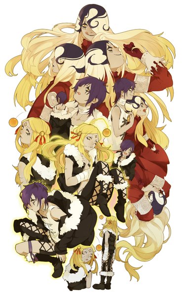 Anime picture 1109x1800 with d.gray-man jasdero devitto jasdevi long hair tall image fringe short hair open mouth simple background blonde hair smile standing white background sitting yellow eyes purple hair profile multicolored hair hair over one eye