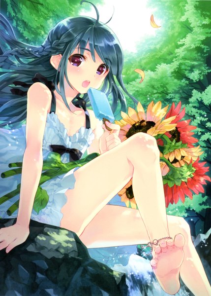 Anime picture 4079x5704 with otokonoko wa meidofuku ga osuki!? kasukabe akira single long hair tall image blush highres open mouth blue eyes sitting blue hair absurdres barefoot bare legs girl flower (flowers) petals food sweets ice cream