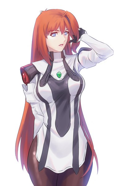 Anime picture 930x1512 with xenogears elhaym van houten fateline alpha single long hair tall image fringe blue eyes simple background hair between eyes standing white background looking away parted lips orange hair adjusting hair arm behind back girl dress pantyhose