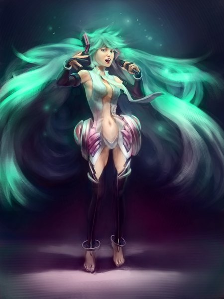 Anime picture 1500x2000 with vocaloid vocaloid append hatsune miku hatsune miku (append) butjok single long hair tall image open mouth twintails very long hair barefoot aqua eyes realistic aqua hair singing girl thighhighs navel detached sleeves