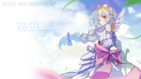 Anime picture 1920x1080 with puzzle & dragons valkyrie (p&d) hong (white spider) single long hair looking at viewer highres smile red eyes wide image white hair braid (braids) pointy ears inscription depth of field wallpaper turning head girl dress gloves