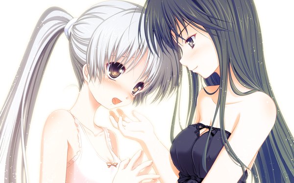 Anime picture 1920x1200 with original yuunagi yuu long hair blush highres open mouth black hair wide image white background twintails bare shoulders multiple girls silver hair white hair black eyes girl 2 girls