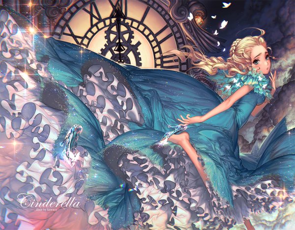 Anime picture 1280x999 with the story of cinderella cinderella kawacy single long hair looking at viewer blush blue eyes blonde hair standing braid (braids) nail polish parted lips night bare legs sparkle night sky copyright name standing on one leg shiny