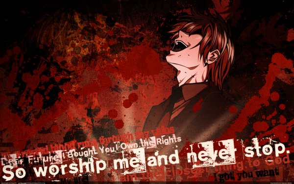 Anime picture 2560x1600 with death note madhouse yagami light single highres short hair open mouth brown hair wide image inscription hair over eyes laughing boy necktie tuxedo