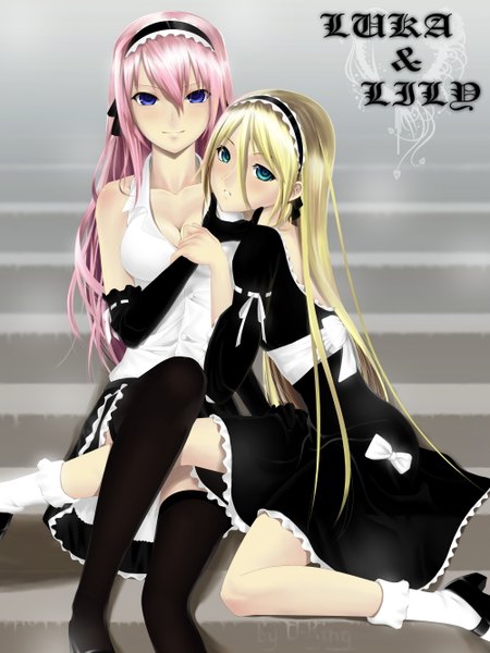 Anime picture 2000x2667 with vocaloid megurine luka lily (vocaloid) okingjo long hair tall image highres blue eyes blonde hair multiple girls pink hair cleavage hug girl thighhighs dress gloves black thighhighs 2 girls socks