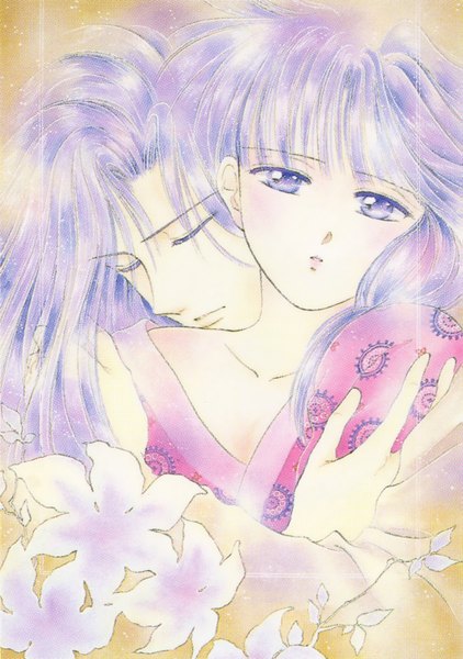 Anime picture 1055x1500 with fushigi yuugi yuuki miaka hotohori long hair tall image purple eyes purple hair eyes closed couple hug yellow background hug from behind girl boy