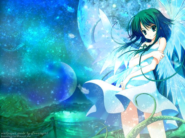 Anime picture 1280x960 with long hair blue eyes green hair girl wings moon planet