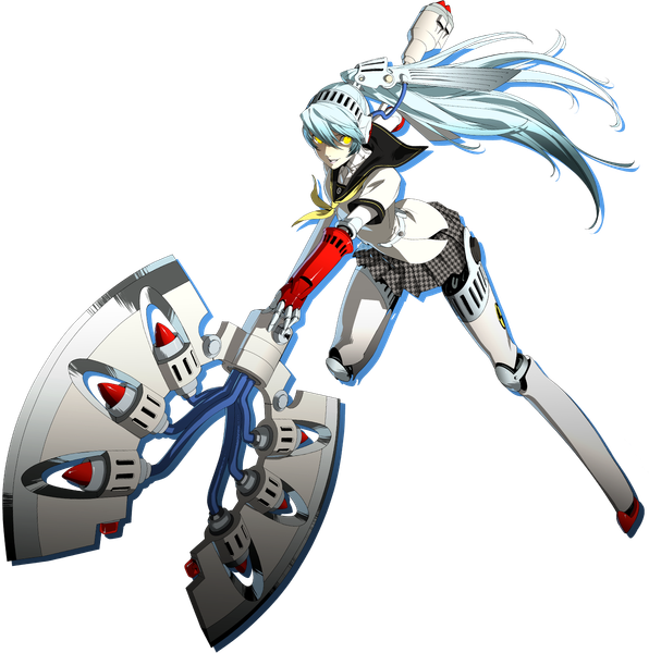 Anime picture 1398x1408 with persona 4 persona labrys soejima shigenori single long hair tall image looking at viewer fringe highres holding yellow eyes full body bent knee (knees) white hair ponytail hair over one eye leaning leaning forward transparent background