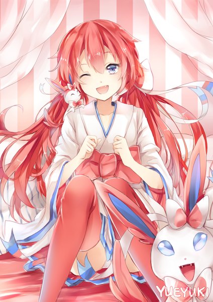 Anime picture 992x1403 with pokemon pokemon xy nintendo sylveon yueyuki long hair tall image open mouth blue eyes smile red hair traditional clothes japanese clothes one eye closed wink girl thighhighs ribbon (ribbons) bow hair ribbon