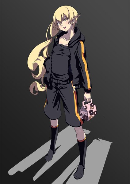 Anime picture 761x1076 with nisemonogatari shaft (studio) monogatari (series) oshino shinobu nin single long hair tall image looking at viewer blush fringe open mouth blonde hair simple background smile hair between eyes standing holding yellow eyes full body