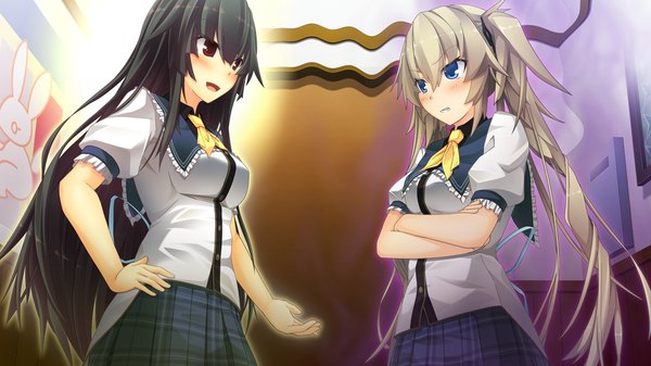 Anime picture 1280x720 with natsuiro asagao residence blush blue eyes black hair red eyes brown hair wide image multiple girls game cg girl skirt uniform 2 girls school uniform miniskirt