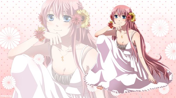 Anime picture 1920x1080 with vocaloid megurine luka e-megu (artist) highres blue eyes light erotic wide image pink hair hair flower girl dress hair ornament white dress