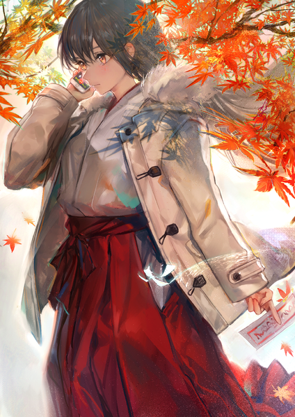 Anime picture 1384x1957 with original hoojiro single long hair tall image fringe black hair hair between eyes brown eyes looking away traditional clothes japanese clothes wind open jacket miko autumn girl jacket leaf (leaves) mobile phone
