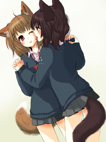 Anime picture 960x1280 with original fuwayu long hair tall image blush fringe black hair simple background red eyes brown hair standing white background multiple girls brown eyes animal ears ahoge tail animal tail pleated skirt one eye closed