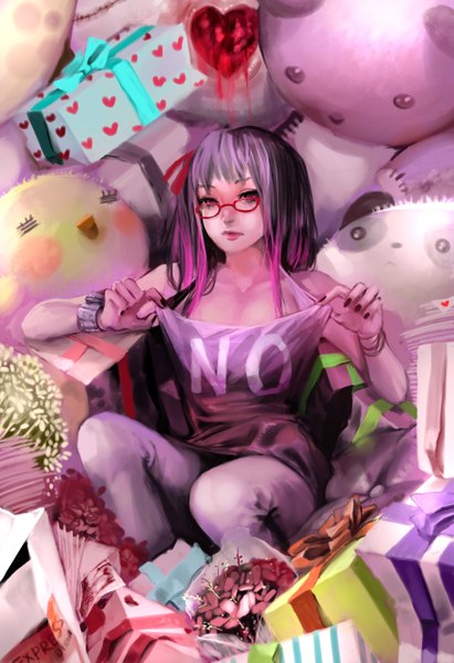 Anime picture 1817x2652 with original genki-de single long hair tall image looking at viewer highres nail polish multicolored hair black eyes lipstick girl flower (flowers) ribbon (ribbons) shirt glasses bracelet heart toy box