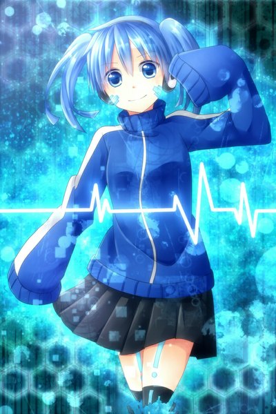 Anime picture 700x1050 with kagerou project shaft (studio) ene (kagerou project) cherish777 suzukaze haruka single tall image looking at viewer fringe short hair blue eyes smile twintails blue hair long sleeves arm up short twintails girl skirt headphones