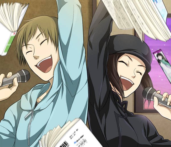 Anime picture 1000x860 with durarara!! brains base (studio) yumasaki walker karisawa erika save (naita aooni) short hair open mouth black hair brown hair holding indoors eyes closed :d arm up singing girl boy book (books) hood beret