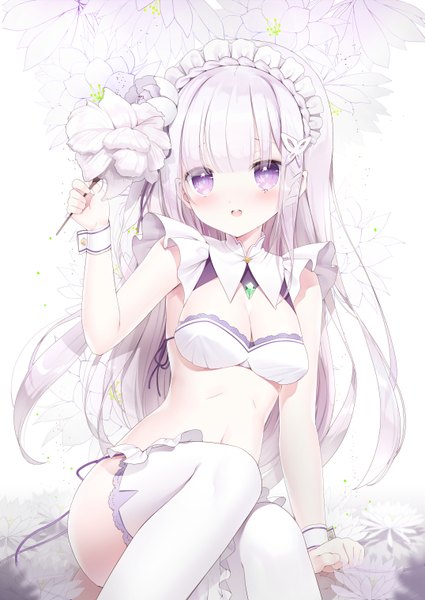 Anime picture 2149x3035 with re:zero kara hajimeru isekai seikatsu white fox emilia (re:zero) miteddy single long hair tall image looking at viewer blush highres open mouth light erotic purple eyes white hair girl thighhighs flower (flowers) white thighhighs lingerie bra