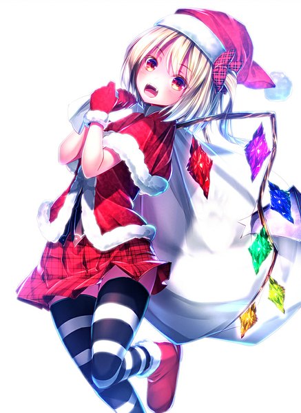 Anime picture 729x1000 with touhou flandre scarlet ryosios single long hair tall image looking at viewer open mouth light erotic simple background white background one eye closed wink teeth fang (fangs) pantyshot zettai ryouiki fur trim one side up christmas