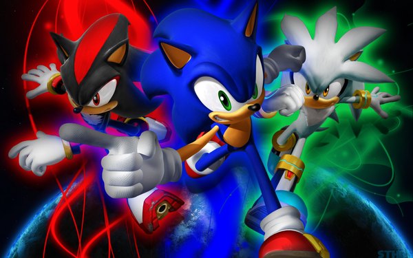 Anime picture 1920x1200 with sonic (series) sonic the hedgehog shadow the hedgehog jake skelly looking at viewer highres red eyes green eyes signed yellow eyes looking away wallpaper spread arms no people running gloves animal bracelet white gloves furry