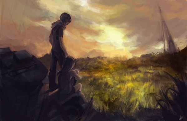 Anime picture 1280x828 with original marika (artist) evening sunset landscape plant (plants) grass