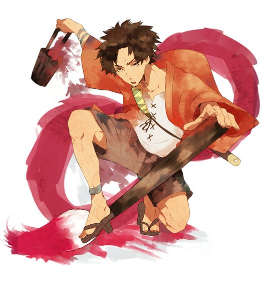 Anime picture 1000x1095 with samurai champloo mugen (samurai champloo) single tall image short hair open mouth black hair simple background white background tattoo boy earrings shorts paintbrush paint calligraphy brush