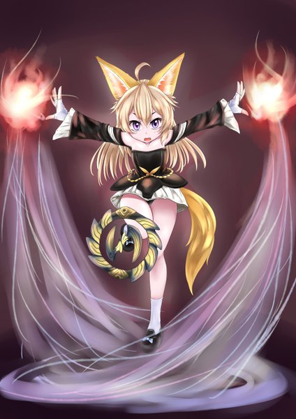 Anime picture 2000x2828 with tera online yumesai (artist) single long hair tall image looking at viewer highres open mouth blonde hair purple eyes animal ears animal tail magic girl detached sleeves socks shoes white socks