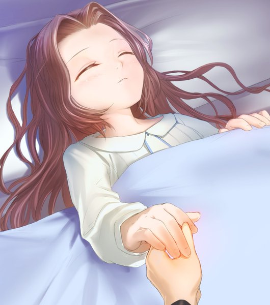 Anime picture 759x860 with code geass sunrise (studio) nunnally lamperouge uni (plastic girl) long hair tall image brown hair lying holding hands sleeping girl pillow
