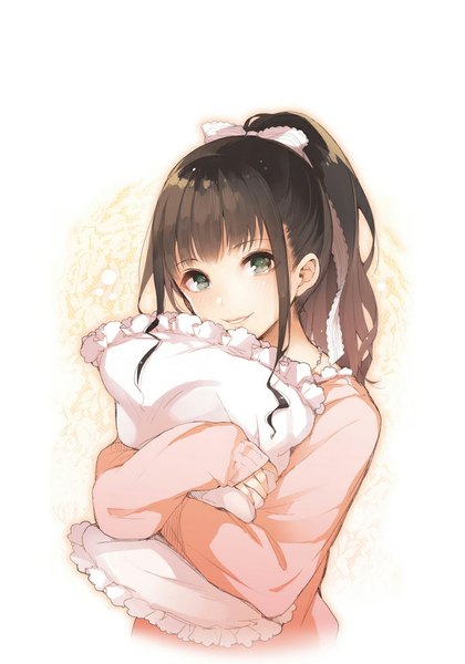 Anime picture 700x1000 with real life touyama nao pyon-kichi single long hair tall image looking at viewer blush fringe brown hair white background green eyes ponytail light smile hug portrait girl bow hair bow pillow