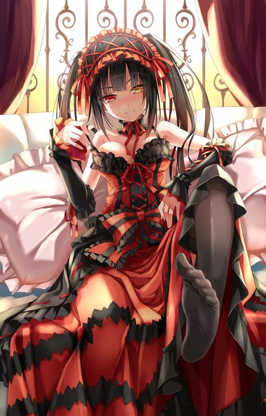 Anime picture 770x1200 with date a live tokisaki kurumi hika (cross-angel) single long hair tall image looking at viewer blush breasts light erotic black hair smile red eyes sitting twintails yellow eyes cleavage indoors no shoes heterochromia