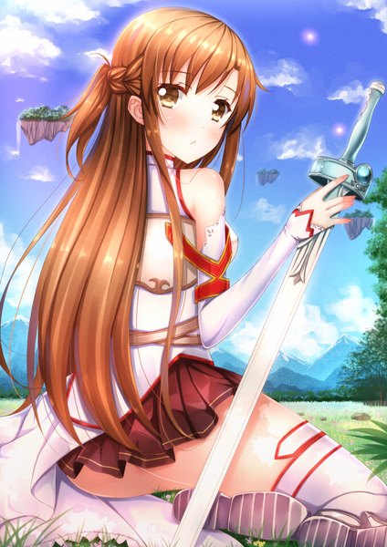 Anime picture 1018x1440 with sword art online a-1 pictures yuuki asuna swordsouls single long hair tall image blush brown hair brown eyes cloud (clouds) looking back girl thighhighs skirt weapon detached sleeves miniskirt white thighhighs sword