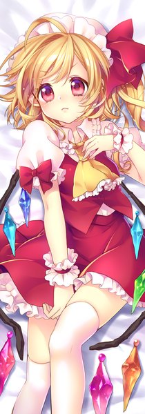 Anime picture 520x1484 with touhou flandre scarlet masaru.jp single tall image blush short hair blonde hair red eyes looking away ahoge lying one side up dakimakura (medium) girl thighhighs skirt white thighhighs wings bonnet