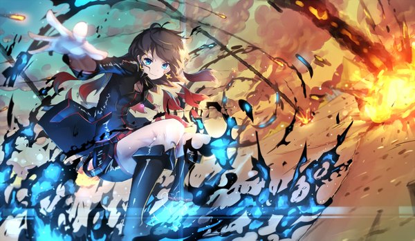 Anime picture 1600x933 with original pixiv fantasia pixiv fantasia t qian ye (qys3) qys3 single looking at viewer fringe blue eyes black hair smile wide image long sleeves open clothes outstretched arm revision girl skirt earrings miniskirt