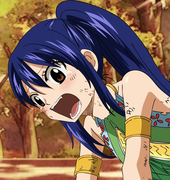 Anime picture 1024x1084 with fairy tail wendy marvell meiji (kurumierika) single long hair tall image open mouth brown eyes blue hair ponytail tears screaming girl dress plant (plants) tree (trees)