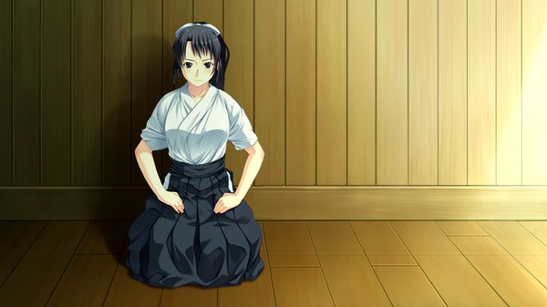 Anime picture 1024x576 with suigetsu 2 long hair black hair wide image purple eyes game cg ponytail traditional clothes girl
