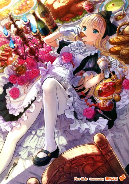 Anime picture 2538x3600 with alice in wonderland girls, girls, girls! 11 (artbook) fuzichoco single long hair tall image blush highres blue eyes blonde hair lying scan official art copyright name girl dress gloves flower (flowers) bow hair bow