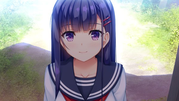 Anime picture 1280x720 with natural vacation hibiki works fujisaki haruka asami asami single long hair looking at viewer fringe black hair smile wide image purple eyes game cg from above shadow girl uniform serafuku hairclip