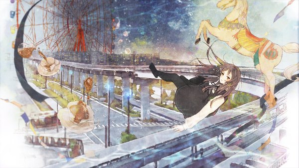 Anime picture 1280x720 with original penchop single long hair looking at viewer blush fringe brown hair wide image brown eyes night no shoes night sky city cityscape flying underwater city lights girl ribbon (ribbons)