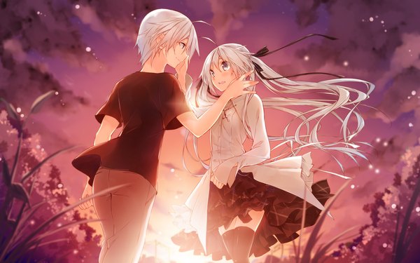 Anime picture 1920x1200 with yosuga no sora kasugano sora kasugano haruka kuwashima rein long hair blush highres short hair wide image twintails sky cloud (clouds) white hair couple siblings silver eyes twins brother and sister girl thighhighs