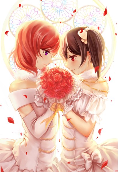 Anime picture 1800x2625 with love live! school idol project sunrise (studio) love live! nishikino maki yazawa nico clouble tall image highres short hair black hair red eyes purple eyes multiple girls red hair profile girl dress gloves flower (flowers) bow