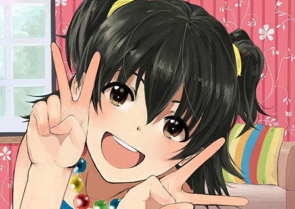 Anime picture 1129x800 with original hangaku (araara0616) single looking at viewer short hair open mouth black hair twintails brown eyes short twintails victory girl beads